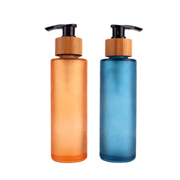 150ml empty refillable frosted glass lotion bottle cosmetic bottle with wooden cover and pump